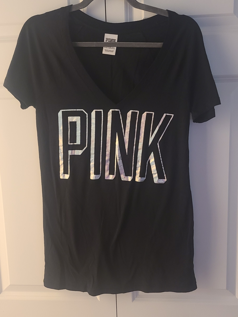 PINK Victoria's Secret Vintage 2013 Black V-Neck Foil Logo Tee - Size Medium